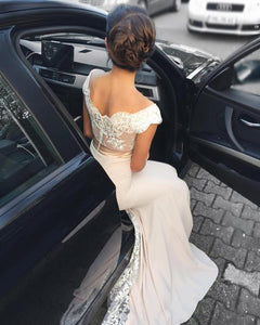 White Lace Appliques V-neck Mermaid Court Train Bridesmaid Dresses