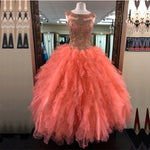 Load image into Gallery viewer, modest lace appliques organza ruffles coral quinceanera dresses ball gowns
