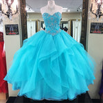 Load image into Gallery viewer, beaded sweetheart organza ruffles turquoise quinceanera dresses ball gowns
