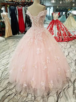 Afbeelding in Gallery-weergave laden, Blush Pink Wedding Dresses Ball Gowns Off Shoulder With 3D Lace Flowers

