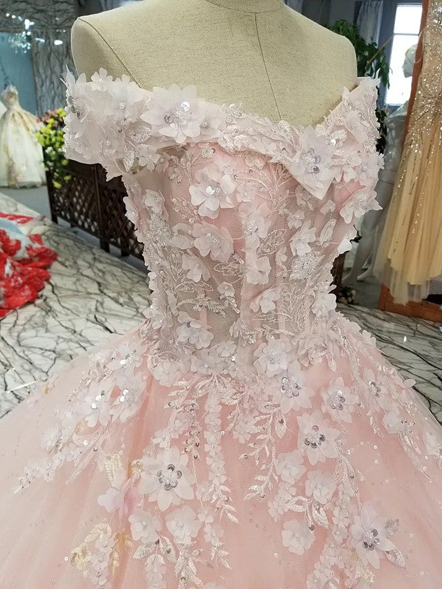 Blush Pink Wedding Dresses Ball Gowns Off Shoulder With 3D Lace Flowers