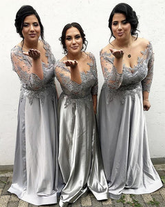 Modest-Bridesmaid-Dresses-Silver-Satin-Formal-Gowns-With-Lace-Appliques-Sleeves