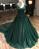 Afbeelding in Gallery-weergave laden, Modest Lace Cap Sleeves V-neck Long Satin Ball Gowns Prom Dresses
