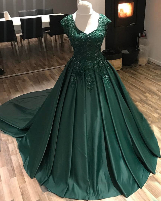 Modest Lace Cap Sleeves V-neck Long Satin Ball Gowns Prom Dresses
