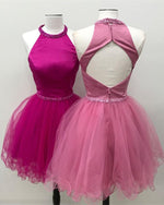 Load image into Gallery viewer, Beaded Halter Organza Ruffles Homecoming Dresses Keyhole Back
