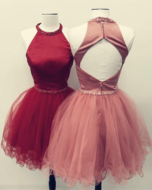 Beaded Halter Keyhole Back Organza Ruffles Homecoming Dresses