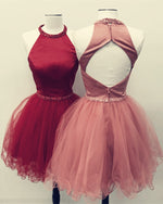 Load image into Gallery viewer, Beaded Halter Keyhole Back Organza Ruffles Homecoming Dresses
