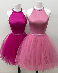 Beaded Halter Keyhole Back Organza Ruffles Homecoming Dresses