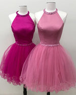 Load image into Gallery viewer, Beaded Halter Organza Ruffles Homecoming Dresses Keyhole Back
