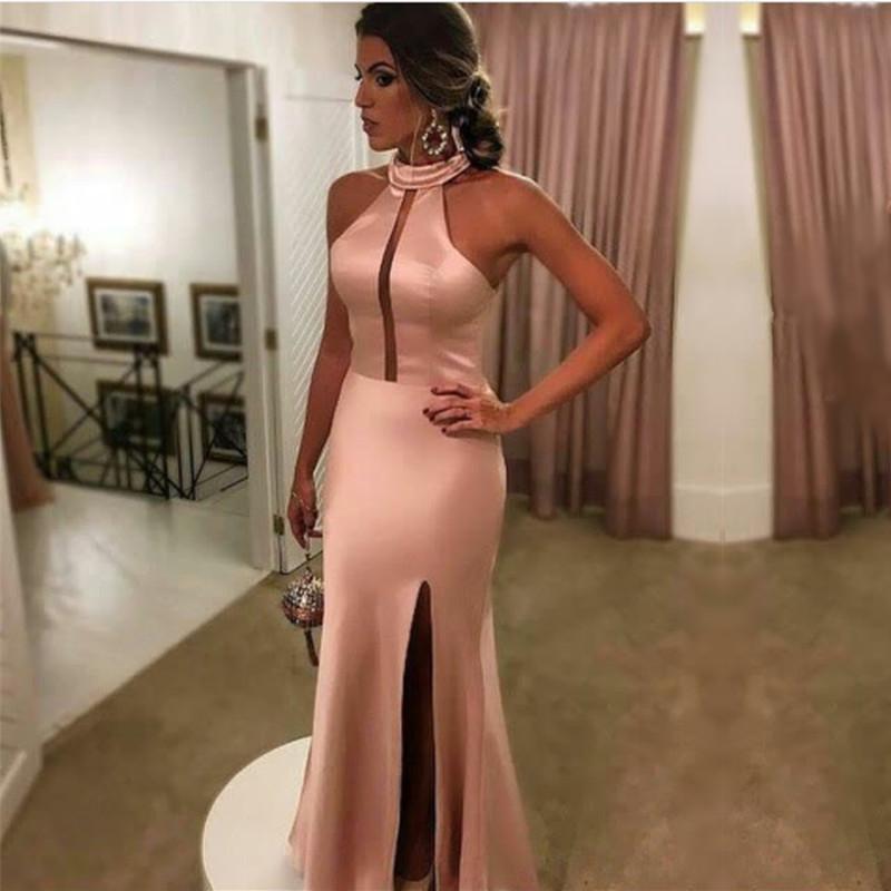 Pink Satin Long Halter Mermaid Prom Dresses 2017