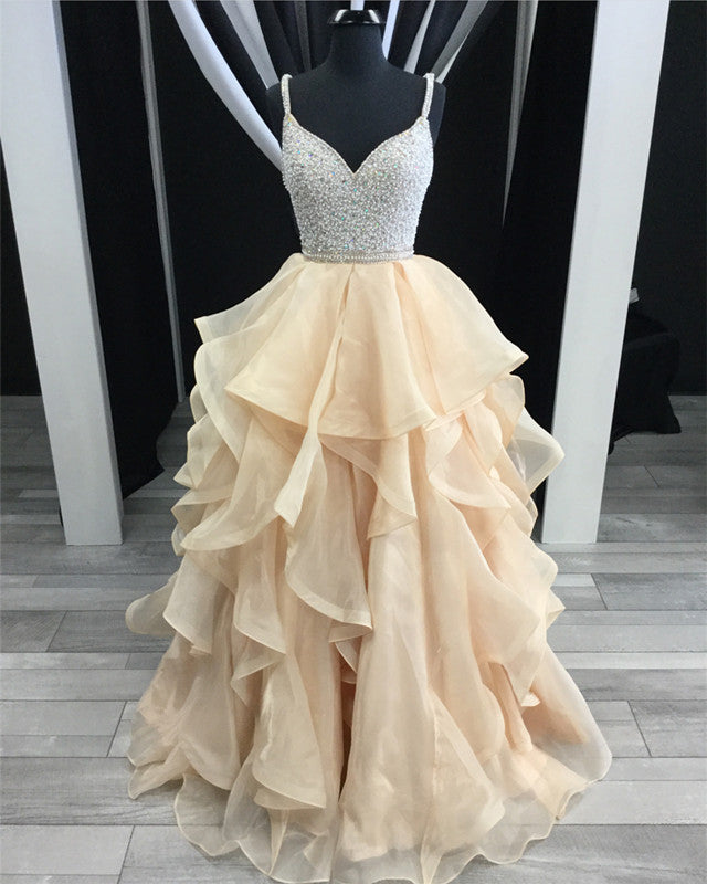Stunning Beaded V-neck Organza Layered Prom Dresses Ball Gowns