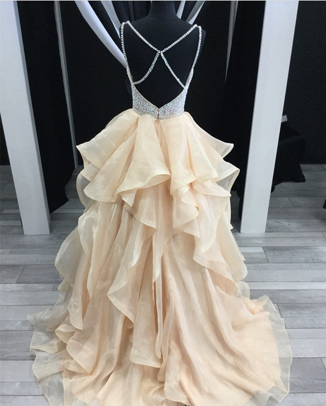 Stunning Beaded V-neck Organza Layered Prom Dresses Ball Gowns