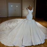 Load image into Gallery viewer, Vintage Royal Train Satin Mermaid V-neck Wedding Dresses Lace Embroidery
