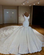 Load image into Gallery viewer, Vintage Royal Train Satin Mermaid V-neck Wedding Dresses Lace Embroidery
