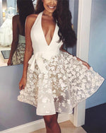 Load image into Gallery viewer, Ivory-Homecoming-Dresses-Lace-Embroidery-Plunge-Neck-Cocktail-Dresses
