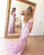 Load image into Gallery viewer, V-neck Off Shoulder Tulle Mermaid Prom Dresses Lace Appliques Evening Gowns
