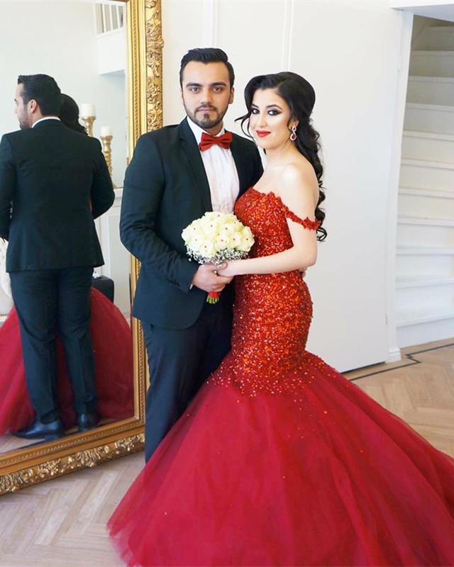 Fully Crystal Beaded Sweetheart Red Mermaid Prom Dresses Off The Shoulder