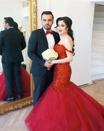 Cargar imagen en el visor de la galería, Fully Crystal Beaded Sweetheart Red Mermaid Prom Dresses Off The Shoulder
