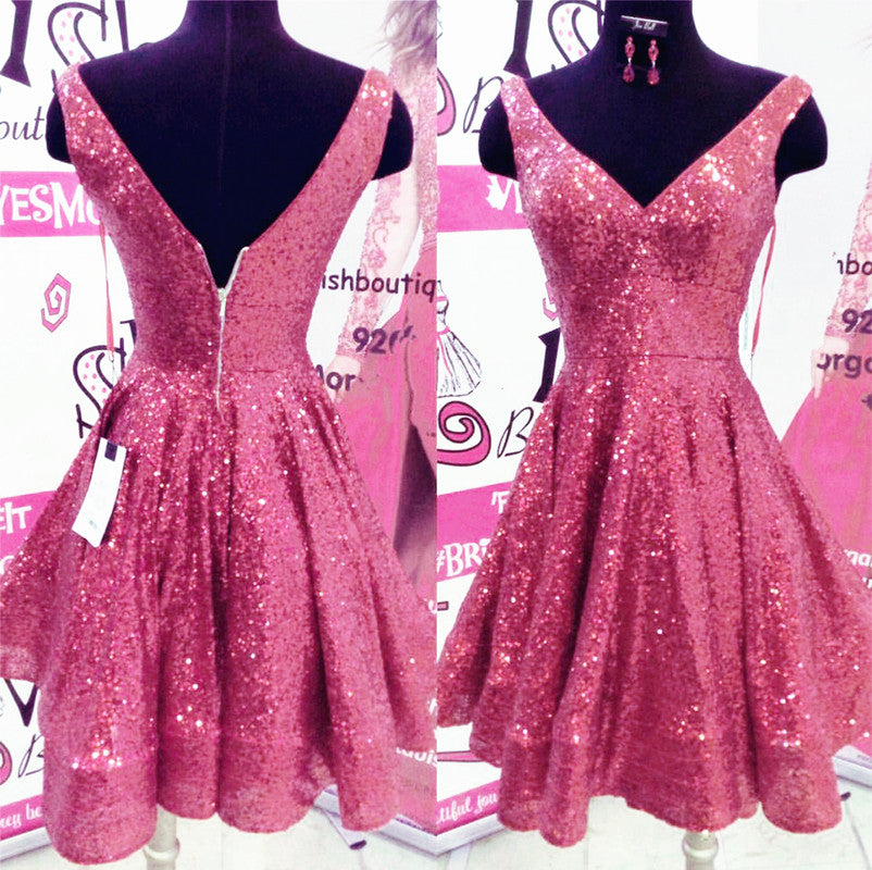 Short V-neck Ruffle Hem Sequins Homecoming Dresses