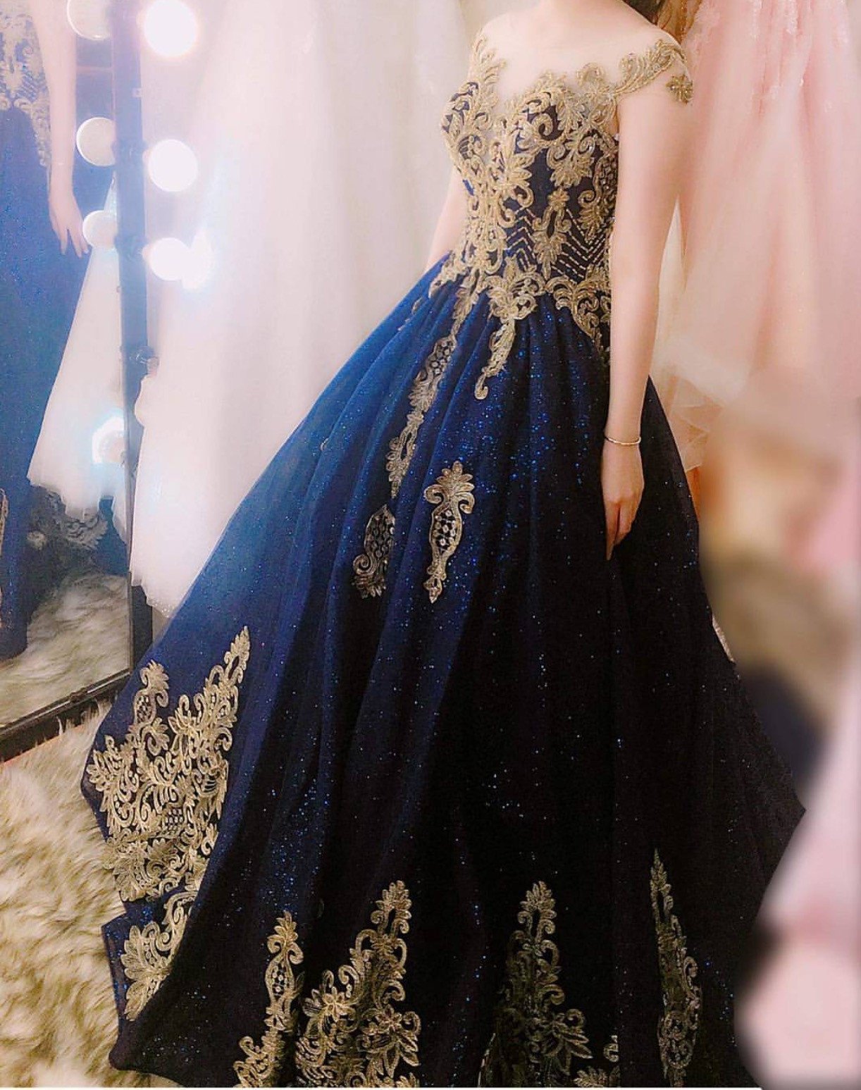 Navy Blue Ball Gowns Wedding Dresses Gold Lace Embroidery