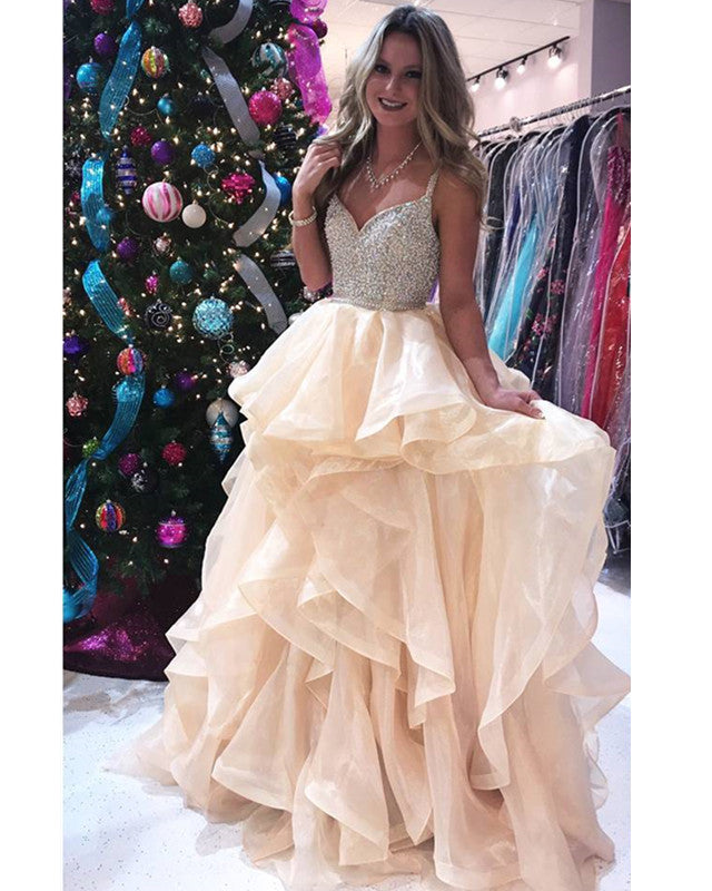 Stunning Beaded V-neck Organza Layered Prom Dresses Ball Gowns