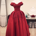 Load image into Gallery viewer, Burgundy Lace Off Shoulder Tulle Floor Length Evening Gowns
