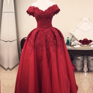 Burgundy Lace Off Shoulder Tulle Floor Length Evening Gowns
