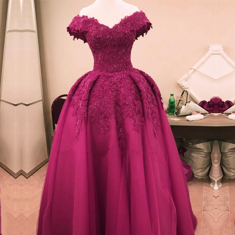 Burgundy Lace Off Shoulder Tulle Floor Length Evening Gowns