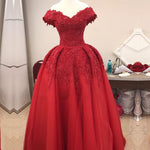 Load image into Gallery viewer, Burgundy Lace Off Shoulder Tulle Floor Length Evening Gowns
