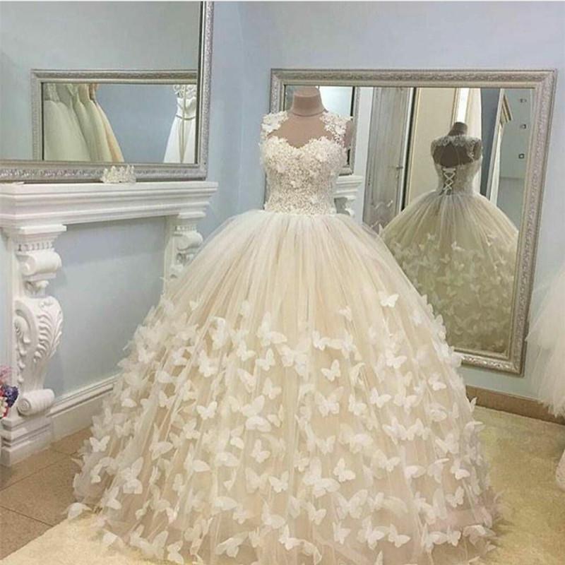 Butterfly Wedding Dresses Ball Gowns Lace Cap Sleeves
