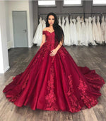 Load image into Gallery viewer, Maroon-Wedding-Dresses-Lace-Ballgowns-Off-Shoulder
