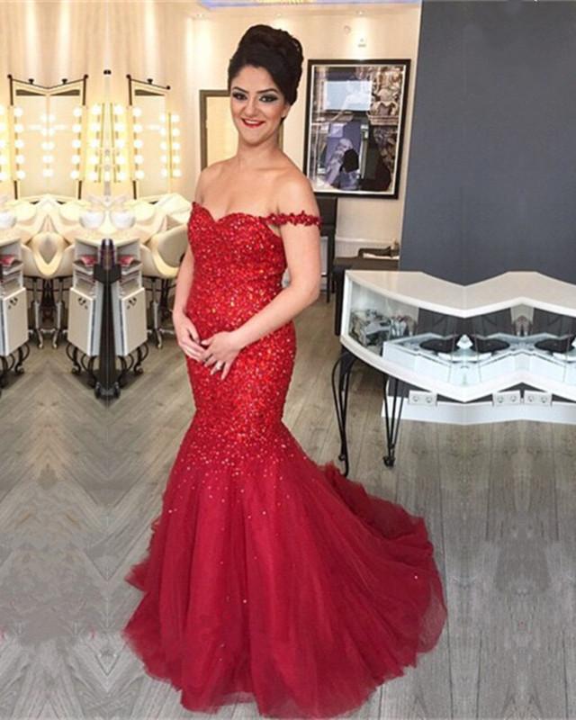Fully Crystal Beaded Sweetheart Red Mermaid Prom Dresses Off The Shoulder