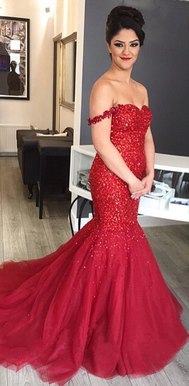 Fully Crystal Beaded Sweetheart Red Mermaid Prom Dresses Off The Shoulder