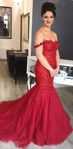 Cargar imagen en el visor de la galería, Fully Crystal Beaded Sweetheart Red Mermaid Prom Dresses Off The Shoulder
