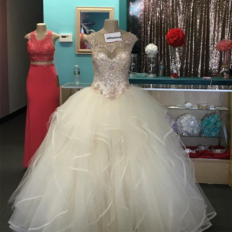 Light Champagne Organza Ruffles Quinceanera Dresses Ball Gowns Cap Sleeves