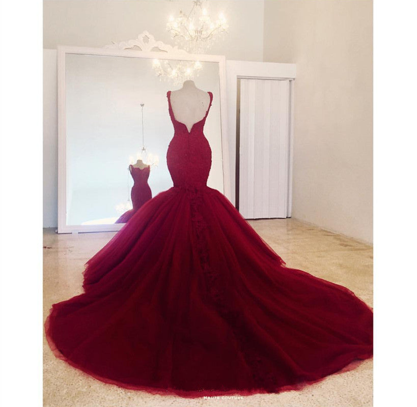 Lace Sweetheart Tulle Backless Mermaid Evening Dresses