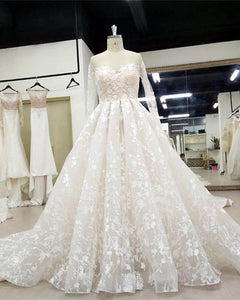Ivory Lace Embroidery Nude Tulle Neckline Long Sleeves Wedding Dresses Champagne