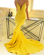 Load image into Gallery viewer, Yellow-Prom-Dresses-Mermaid-Backless-Evening-Gowns-With-Straps
