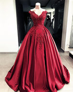 Afbeelding in Gallery-weergave laden, Burgundy-Quinceanera-Dresses-Ball-Gowns-V-neck-Off-Shoulder-Lace-Embroidery
