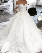 Load image into Gallery viewer, Off-The-Shoulder-Wedding-Dresses-Tulle-Ball-Gowns-Lace-Appliques
