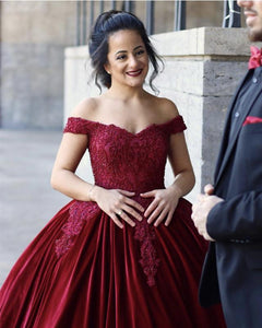 Lace Embroidery Off Shoulder Ball Gowns Wedding Velvet Dresses
