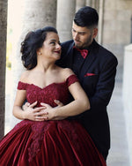 Load image into Gallery viewer, Lace Embroidery Off Shoulder Ball Gowns Wedding Velvet Dresses
