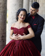 Load image into Gallery viewer, Lace Embroidery Off Shoulder Ball Gowns Wedding Velvet Dresses
