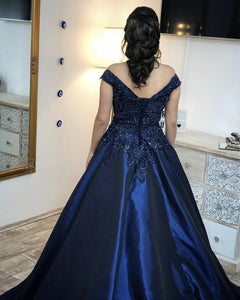 Navy Blue Satin Ball Gowns Quinceanera Dresses Lace Appliques
