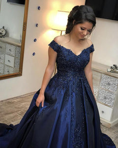 Navy-Blue-Wedding-Dresses-Satin-Ballgowns-Lace-Appliques-Beaded