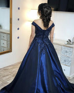 Load image into Gallery viewer, Navy Blue Satin Ball Gowns Quinceanera Dresses Lace Appliques
