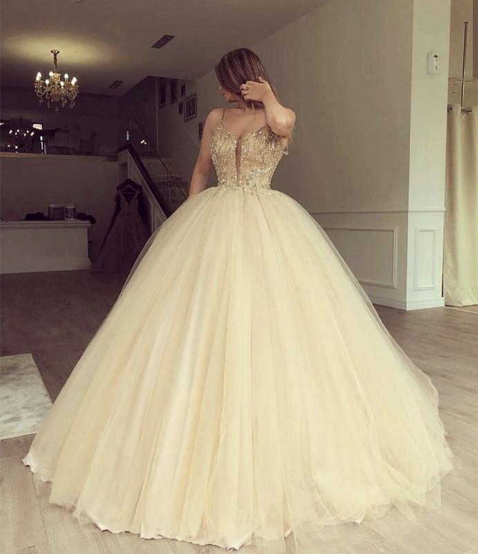 Luxurious Beaded Sweetheart Tulle Ball Gowns Prom Dresses
