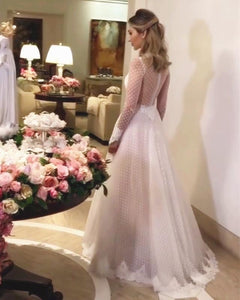 High Neck Long Sleeves Tulle Princess Wedding Dress Lace Edge