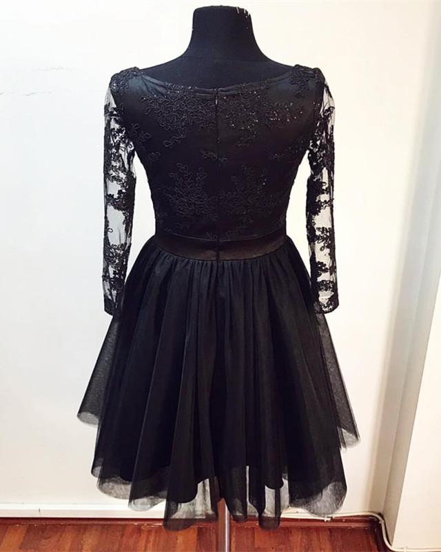 Modest 3/4 Sleeves Tulle V-neck Homecoming Dresses Lace Applique