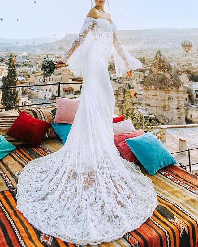 Puffy-Long-Sleeves-Lace-Mermaid-Wedding-Dresses-2019